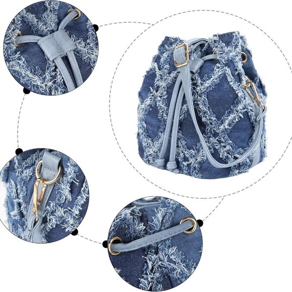 Women Denim Mini Bucket Bag Crossbody Drawstring Quilted Tassel Purse - Picture 4 of 6